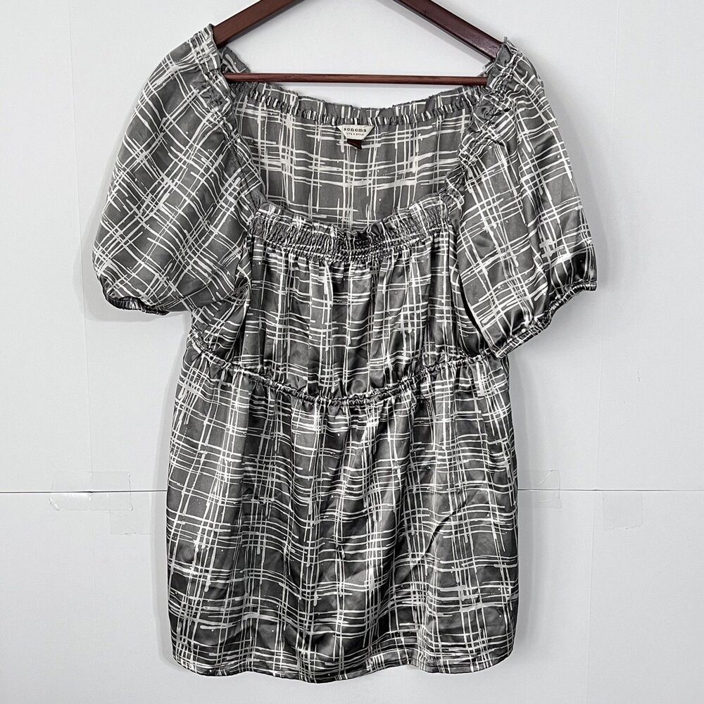 Sonoma Women's Blouse Top Size Xl Gray Checkered Scoop Neck Peasant 